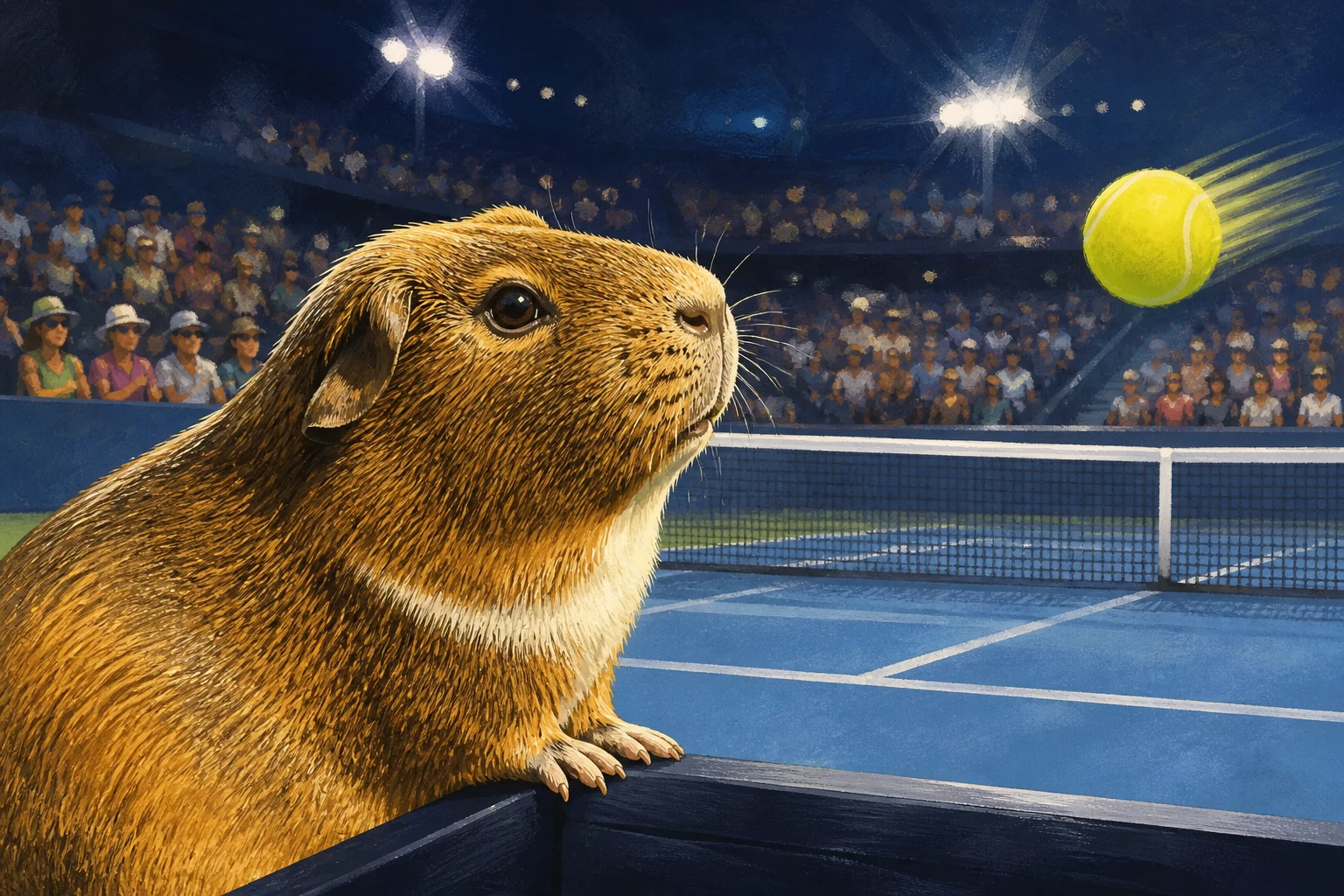 Gedi watching a yellow tennis ball fly across a blue court