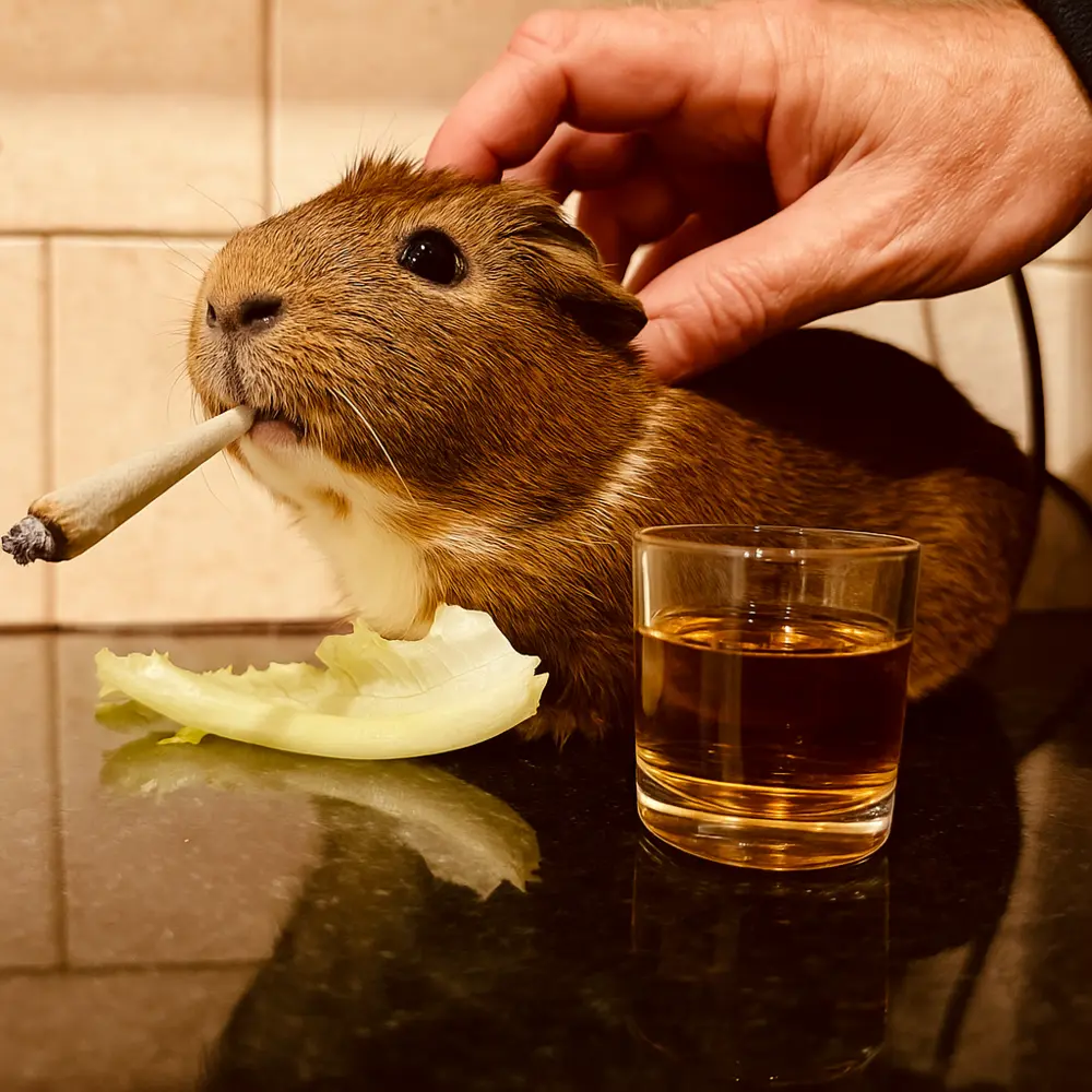Satirical composite of Gedi with a drink and smoking prop