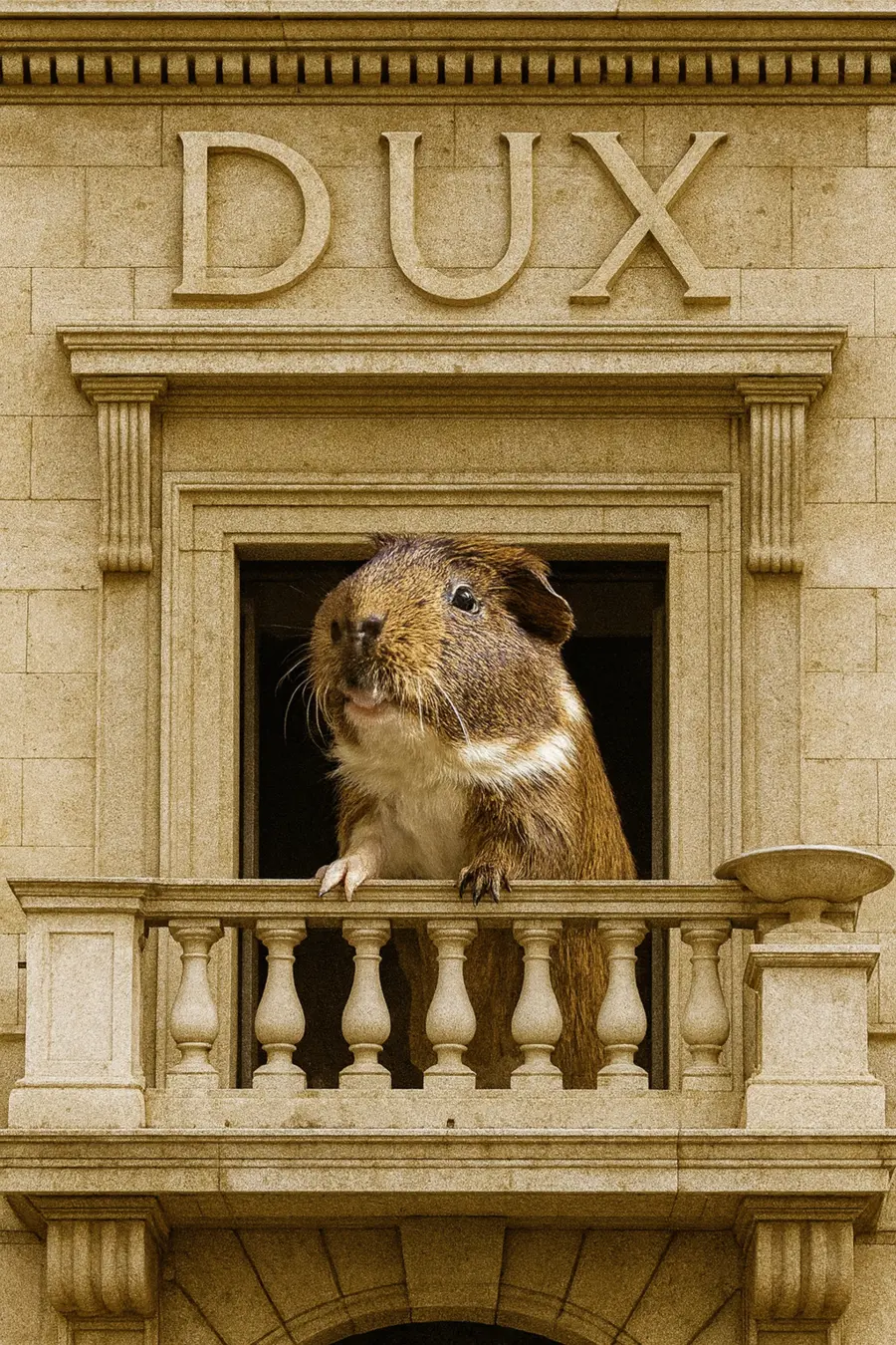 Gedi presiding from the balcony of the DUX building